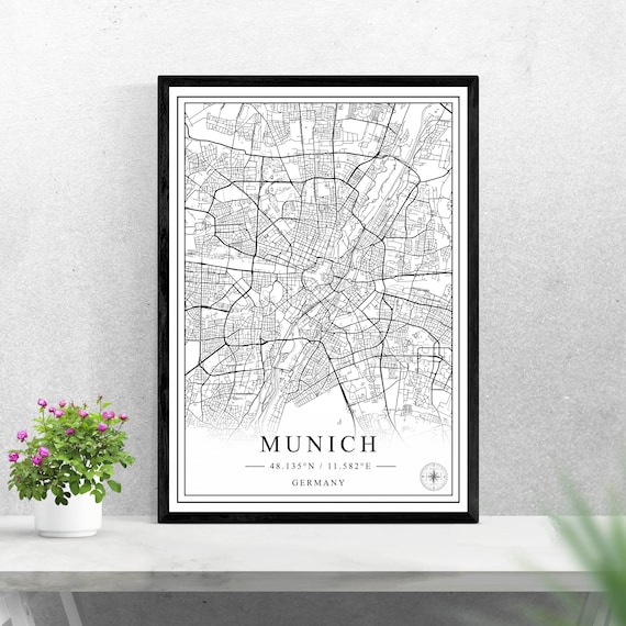 Munich Germany City Street Map Black White Line Artwork Poster