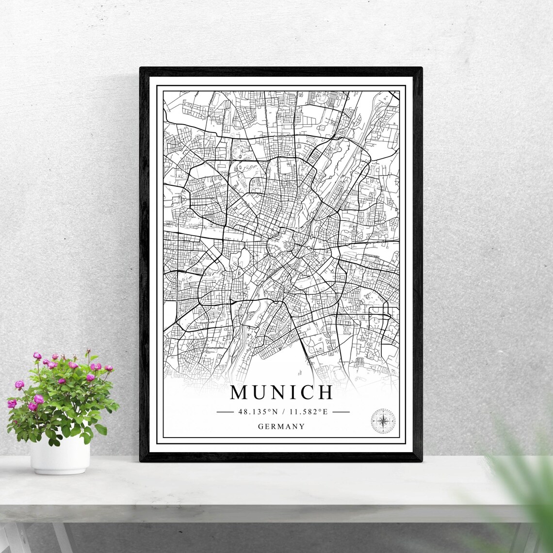 Munich Germany City Street Map Black White Line Artwork Poster