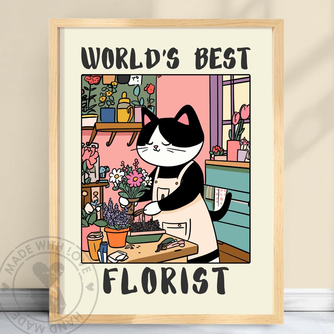 Worlds Best Florist Cute Cat Cartoon Funny Floral Shop Poster Gift