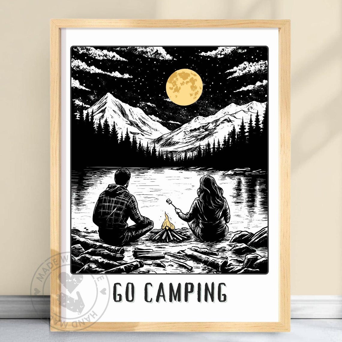 Go Camping Couple Campfire Night Moon Mountain Adventure Poster