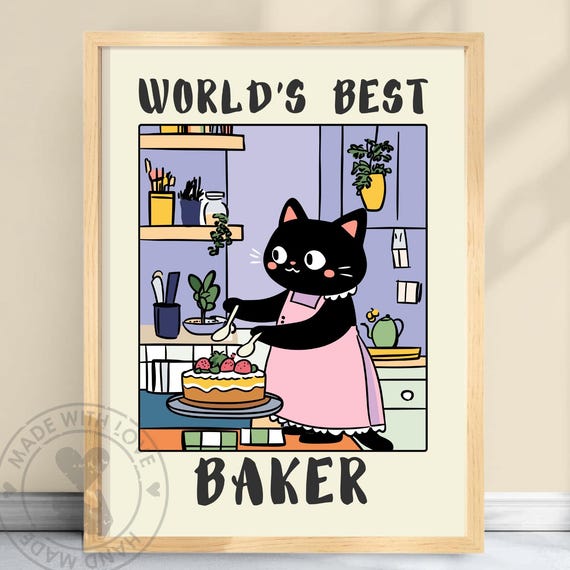 Funny Cat Baker Print Whimsical Kitchen Poster Gift