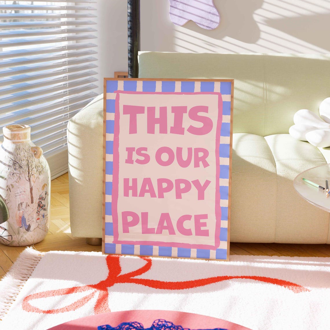 This Is Our Happy Place Pink Blue Checkered Typography Quote Poster