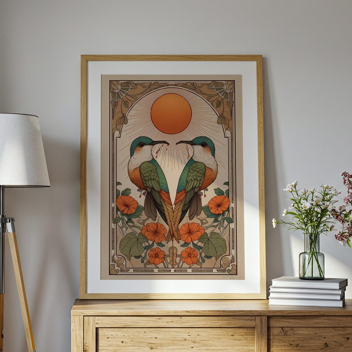 Art Nouveau Hummingbird Pair Sunrise Sunburst Botanical Art Print