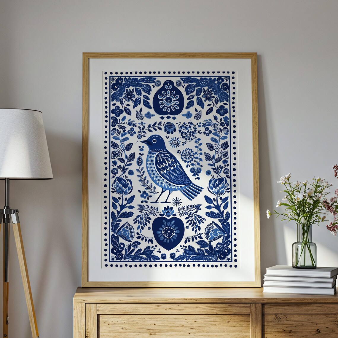 Scandinavian Blue Bird Nordic Folk Art Floral Botanical Wall Art