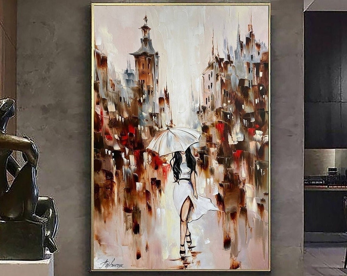 Abstract Girl With Umbrella Painting On Rainy City Abstract Oil Painting Original Woman Holding Umbrella Wall Art Rainy Day Painting