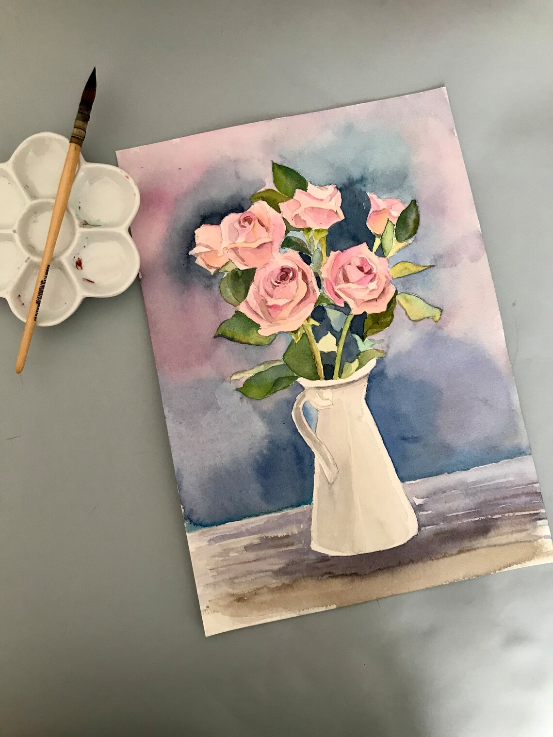 Pink Roses in a White Pitcher in a Watercolor Still Life Poster - Image 3
