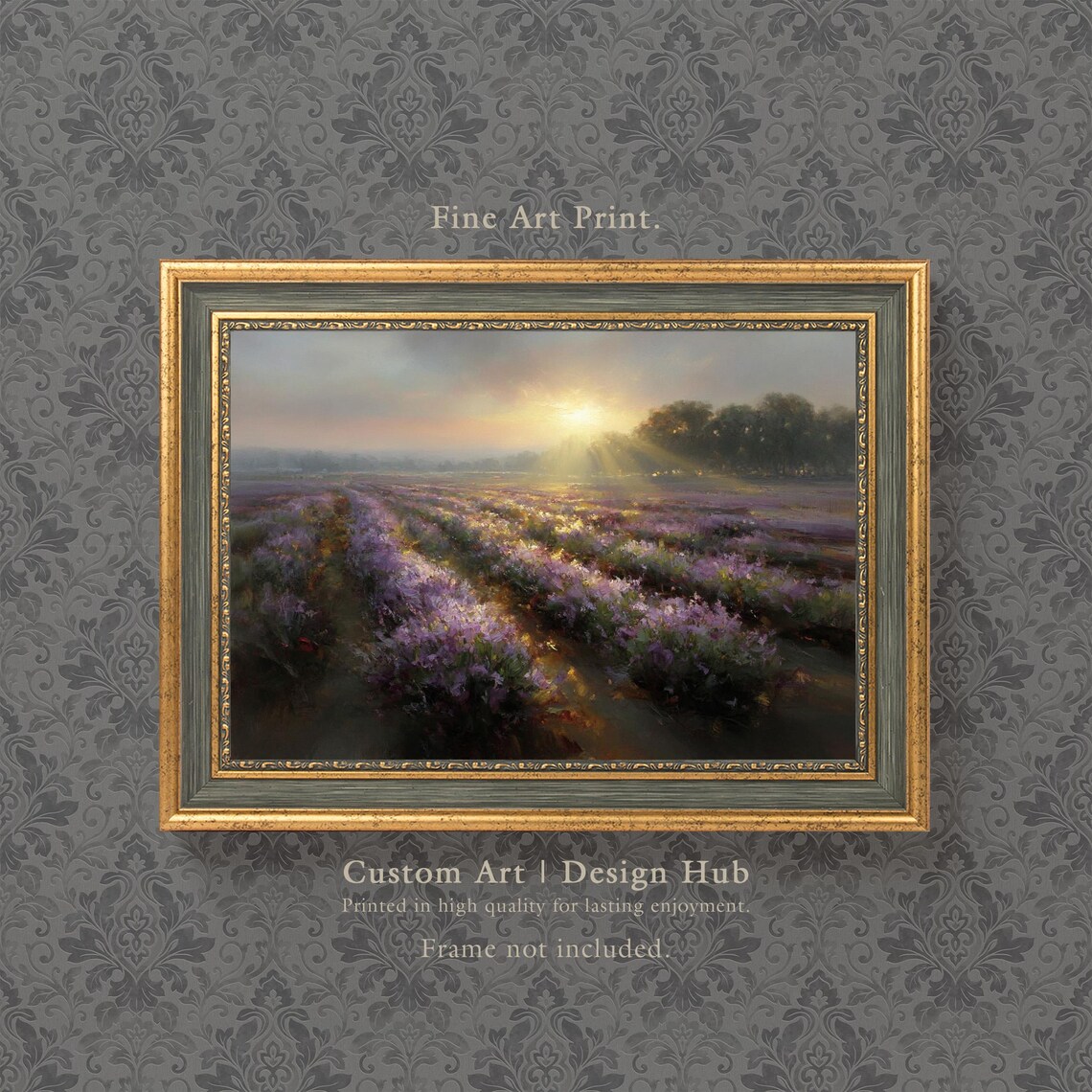 Lavender Field at Sunrise Rows of Purple Blooms Golden Rays Print