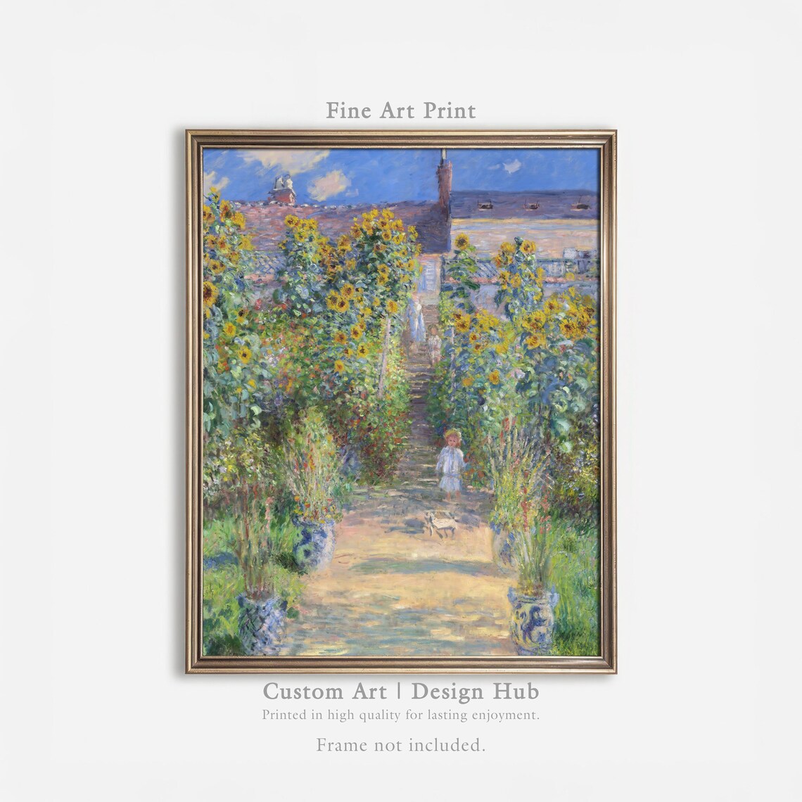 Monet Sunflower Garden Path With Child Vintage Impressionist Art Poster