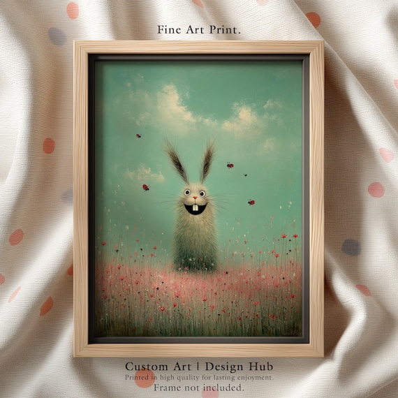 Funny Bunny Wall Art Print Whimsical Rabbit Illustration For Kids Room