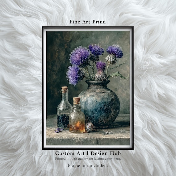 Thistle Flower Art Print Dark Botanical Still Life With Vintage Bottles
