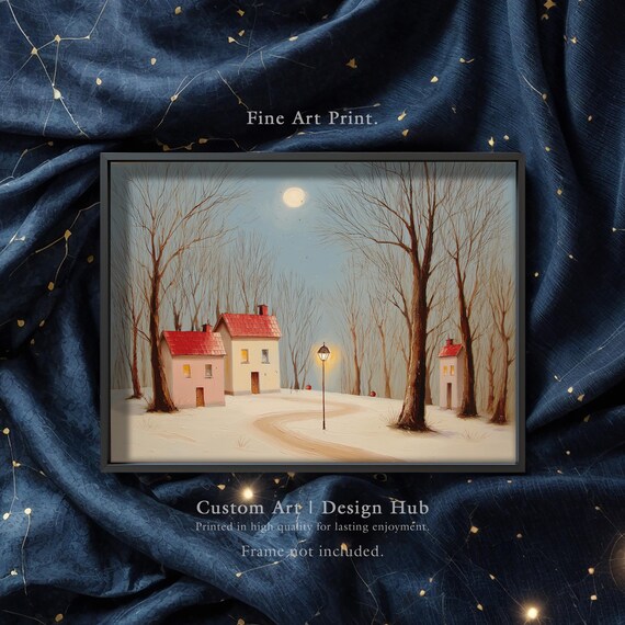 Moonlit Snowy Winter Village Cottages Cozy Christmas Art Poster