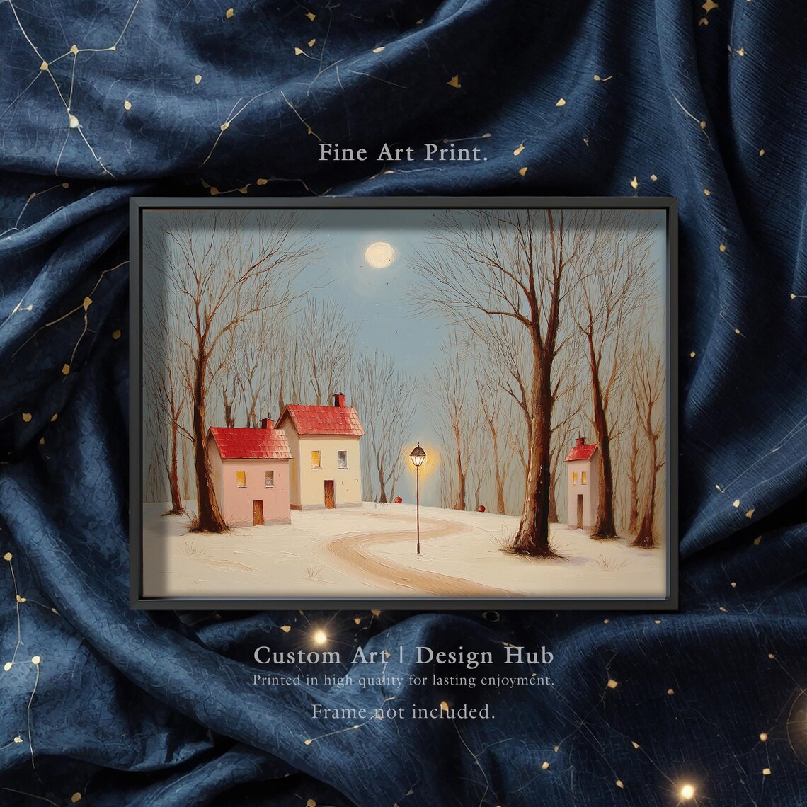 Moonlit Snowy Winter Village Cottages Cozy Christmas Art Poster