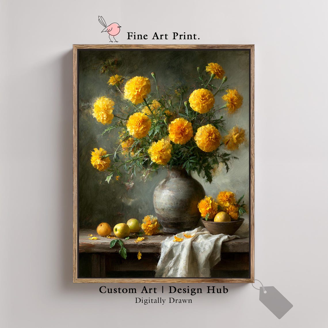Golden Marigold Flowers Rustic Vase Vintage Still Life Art Poster