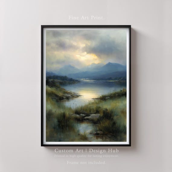 Mountain Lake Sunset Art Print Tranquil Nature Landscape Wall Decor Fine Painting