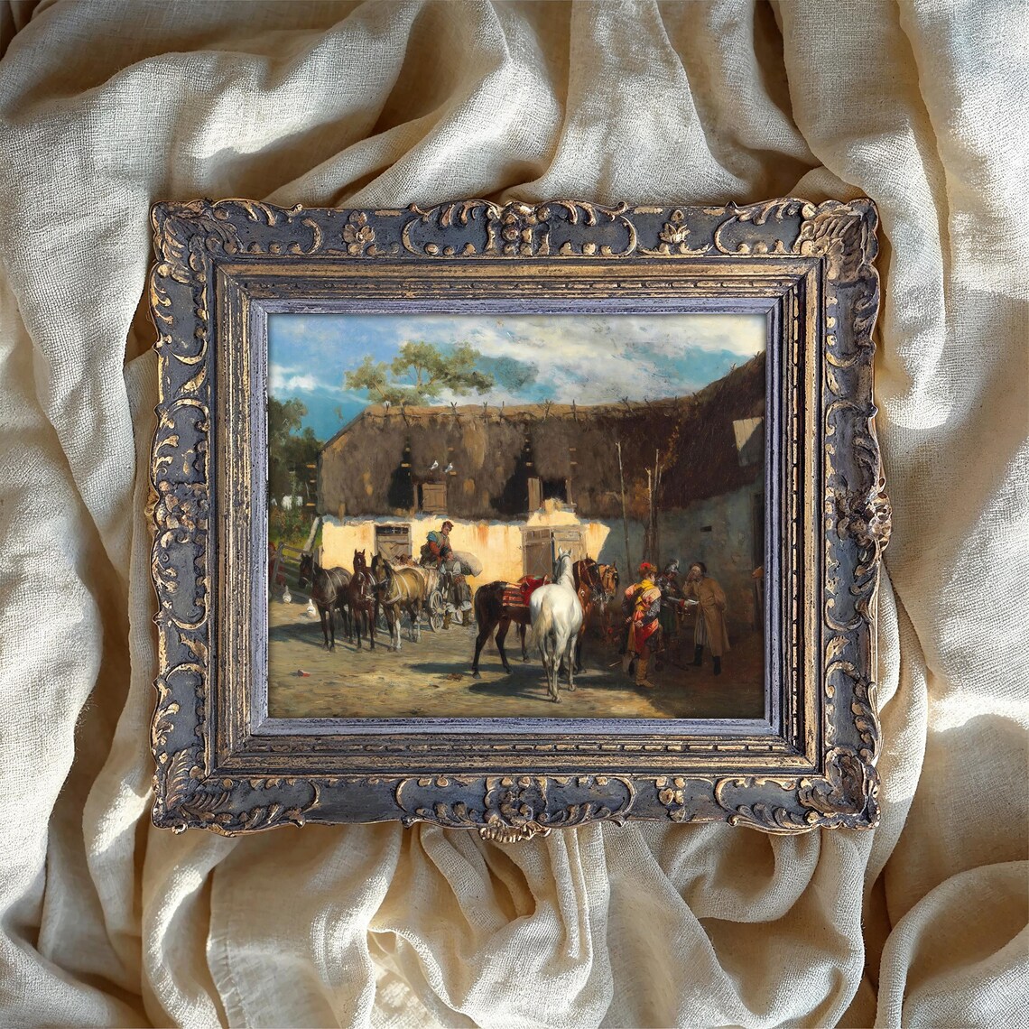 Horse Market at Village Inn Vintage Oil Painting Poster Rustic Art