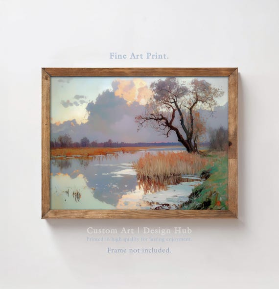 Sunset Lake Landscape, Vintage Nature Art Print