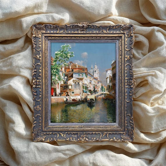 Venice Canal Oil Painting Vintage Art Print Gondola Italian Cityscape Poster European Wall Decor