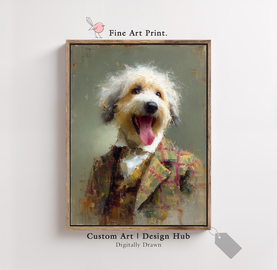 Dog Portrait Wall Art Funny Dressed Painting Whimsical Animal Print Decor