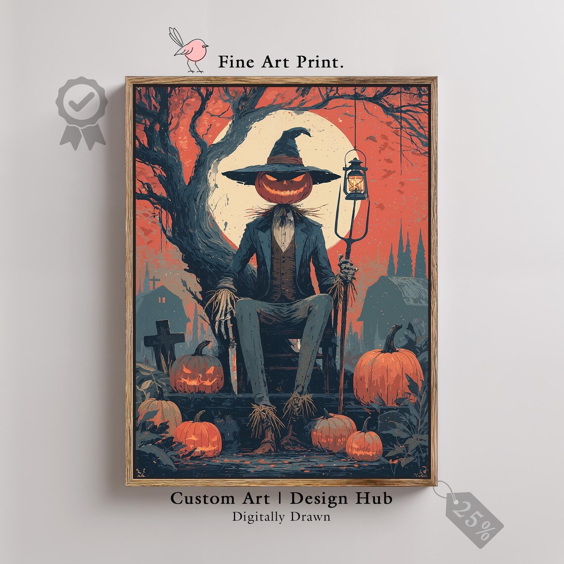 Gothic Pumpkin Scarecrow Print Spooky Halloween Wall Art