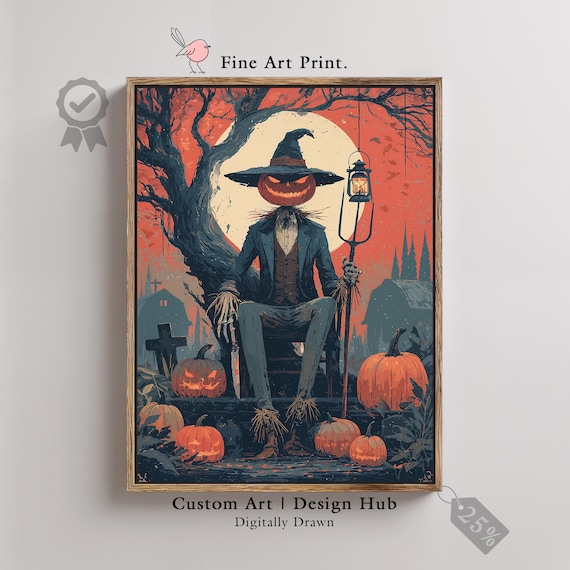 Gothic Pumpkin Scarecrow Print Spooky Halloween Wall Art