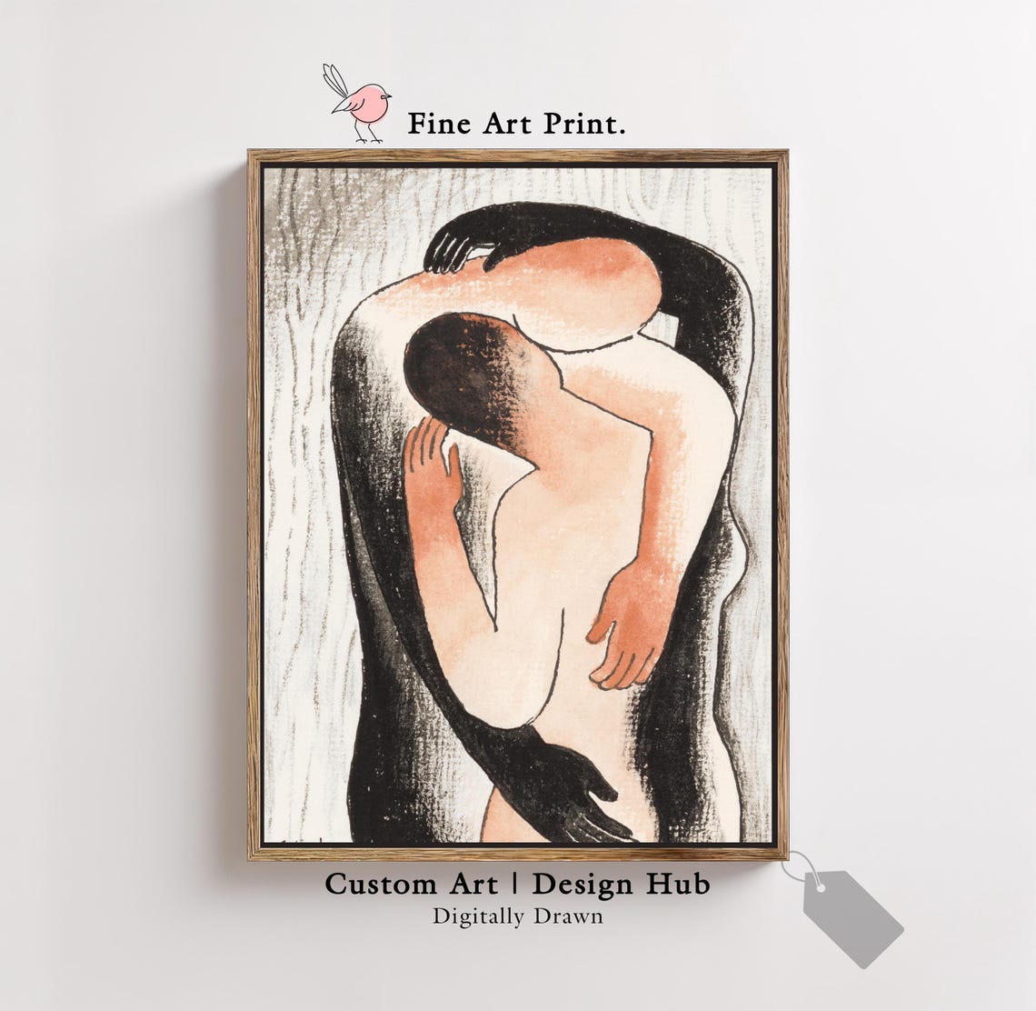 Embracing Lovers Abstract Ink Drawing Minimal Romantic Art Print
