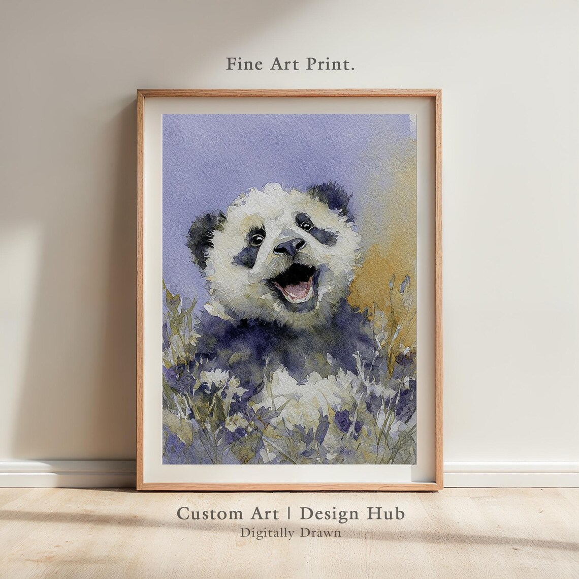Cute Smiling Watercolor Panda Cub Floral Nursery Animal Wall Art