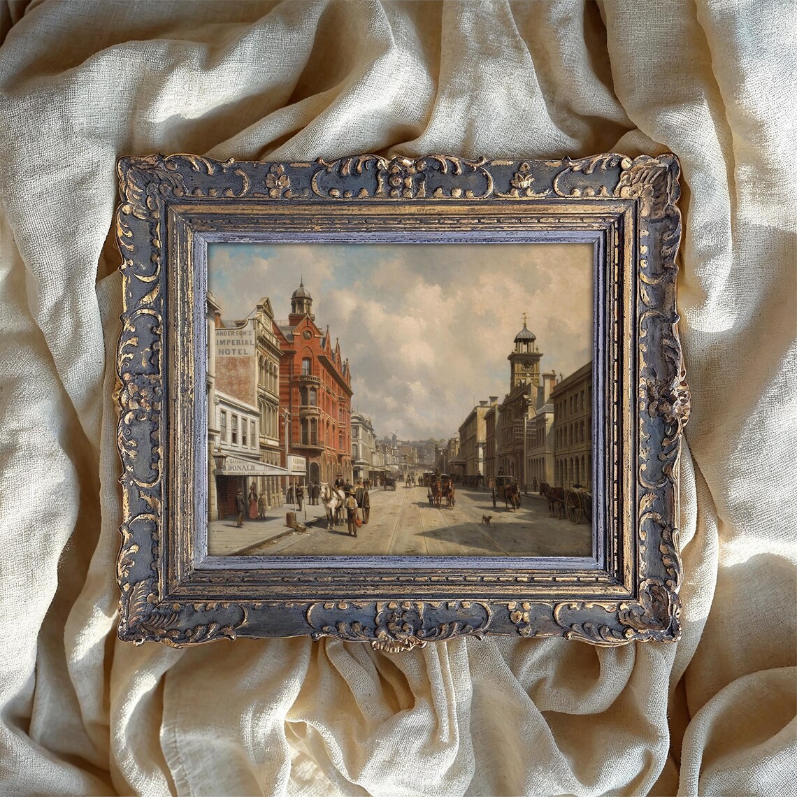Victorian City Street With Horse Carriages Vintage Painting Poster Art
