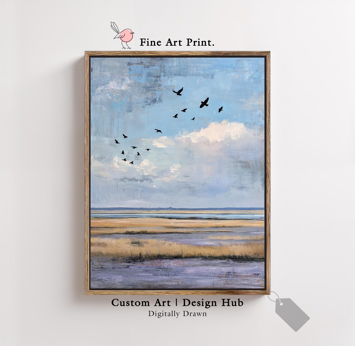 Birds Over Misty Marsh Grass Coastal Sunset Seascape Painting Print