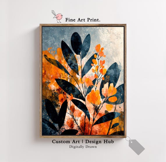 Abstract Floral Wall Art Print In Orange And Blue Modern Botanical Poster