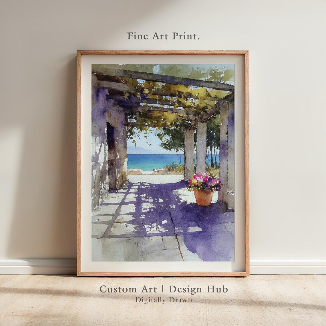 Mediterranean Patio With Sea View Watercolor Painting Poster Terrace Art