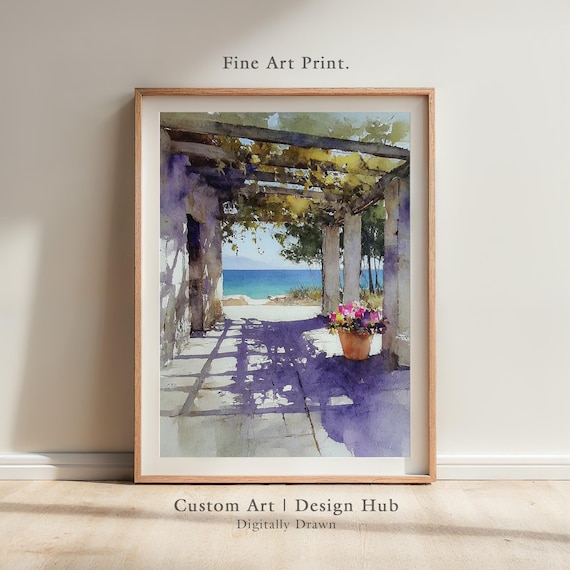 Mediterranean Patio With Sea View Watercolor Painting Poster Terrace Art