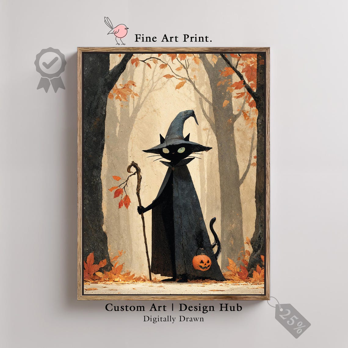 Black Cat Witch Autumn Forest Halloween Art Print Pumpkin Spooky Decor