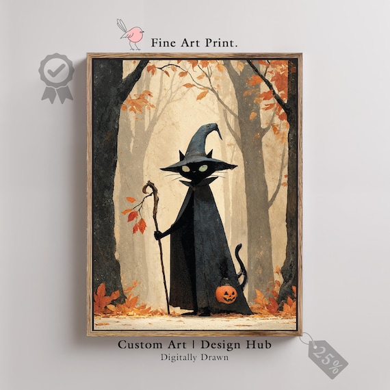 Black Cat Witch Art Print Spooky Halloween Forest