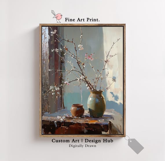 Blossom Still Life Print Rustic Vase Painting Warm Earthy Wall Art For Home Decor