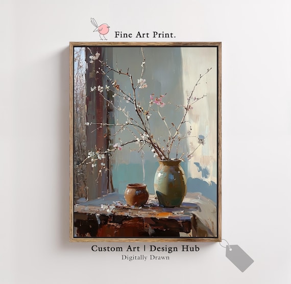 Sunlit Blossom Branches Green Vase Vintage Oil Painting Still Life Art Poster