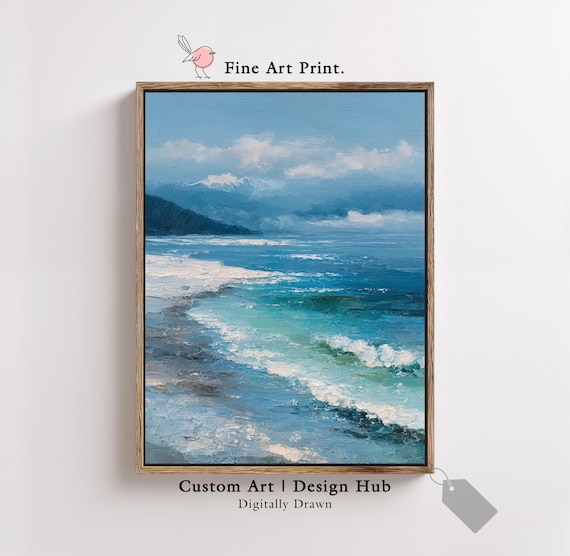 Ocean Waves Blue Seascape Misty Mountains Impasto Fine Art Poster