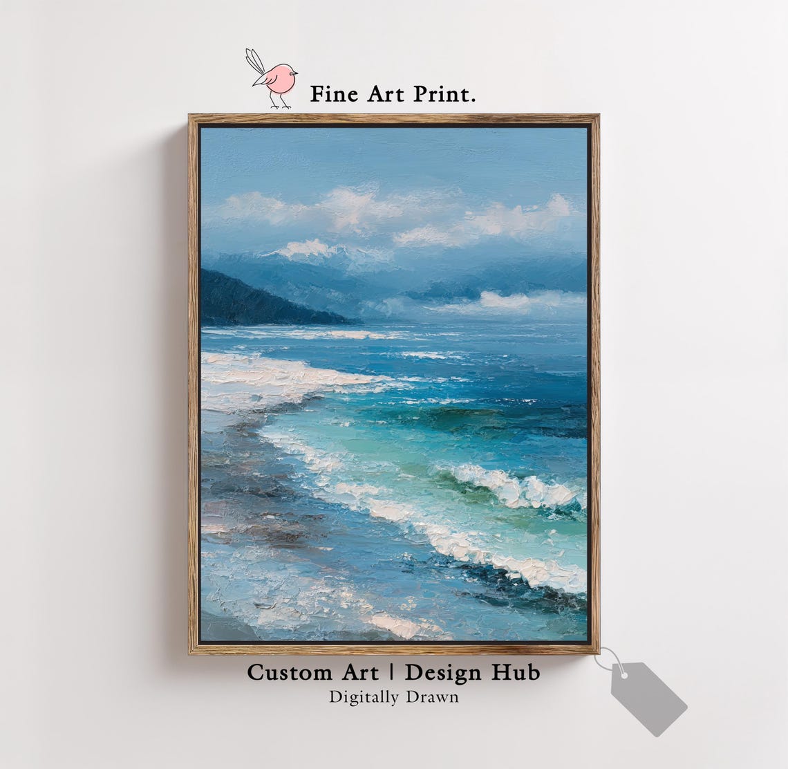 Ocean Waves Blue Seascape Misty Mountains Impasto Fine Art Poster