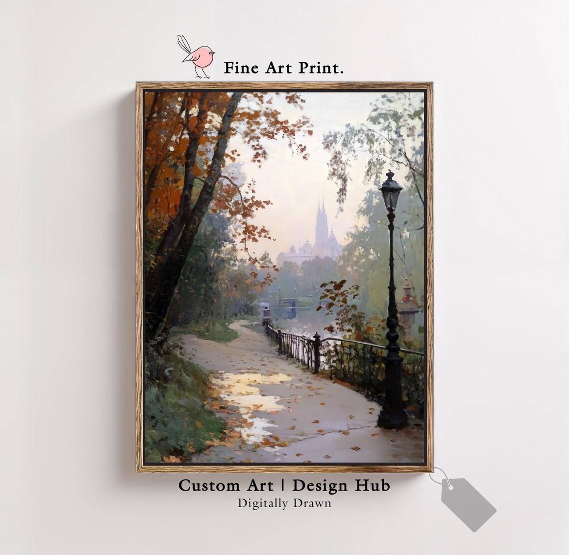 Autumn Riverside Path Misty Park Vintage Landscape Painting Print