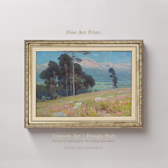Pine Forest And Mountain Meadow Vintage Oil Landscape Fine Art Print