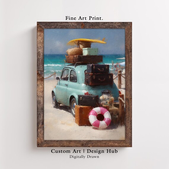 Vintage Retro Beach Car Luggage Surfboard Summer Coastal Art Print