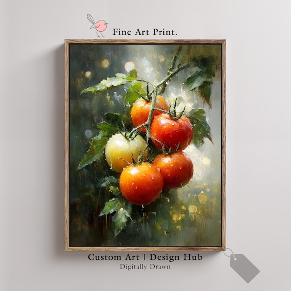 Tomatoes On Vine Water Droplets Garden Fresh Vintage Art Poster