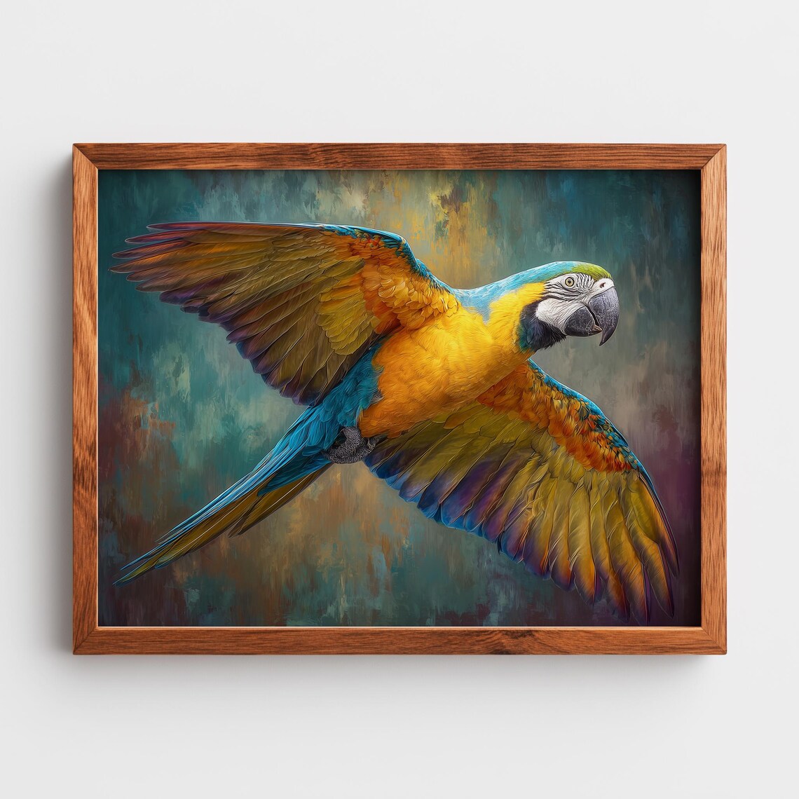 Blue and Yellow Macaw in Flight Vibrant Wildlife Parrot Poster