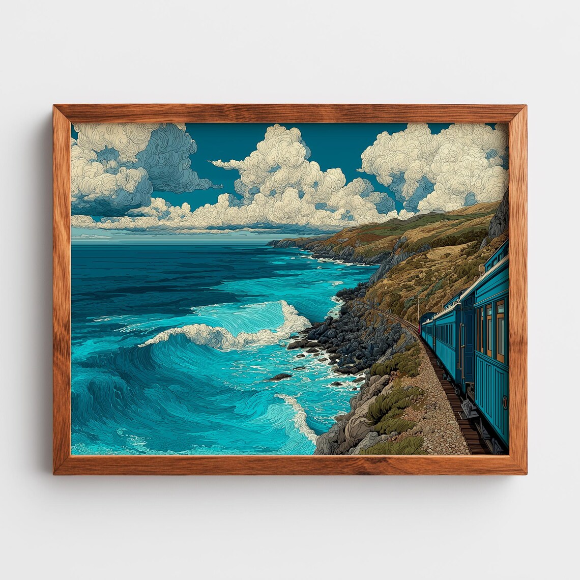 Coastal Railway Train Journey Art Deco Ocean Waves Travel Poster