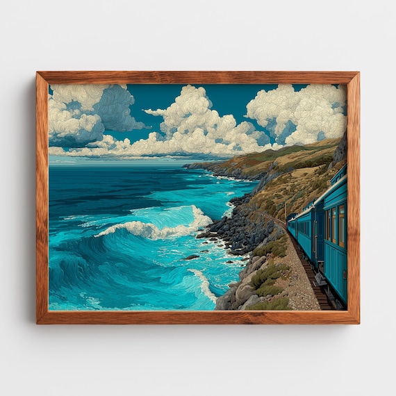 Coastal Railway Journey Rustic Art Deco Travel Poster Style Vintage Ocean View Wall Decor Illustration Scenic Print 130