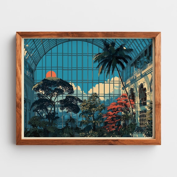 Retro Botanical Conservatory Glasshouse Lithograph Art Poster