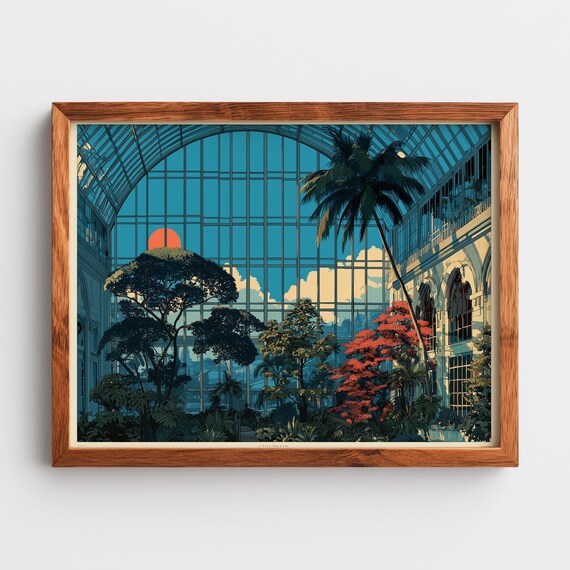 Retro Botanical Conservatory Print Vintage Style Lithograph Glasshouse Interior Moody Wall Art Indoor Nature Decor 163