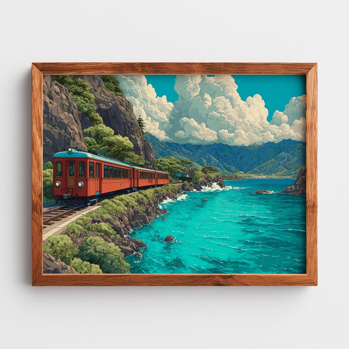 Red Train Coastal Cliffs Vintage Illustration Turquoise Ocean Travel Poster