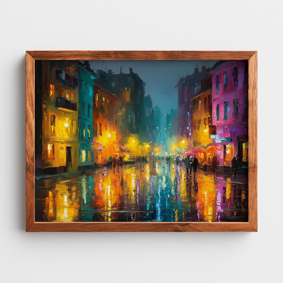 Rainy City Street Night Neon Reflections Impressionist Oil Painting Poster
