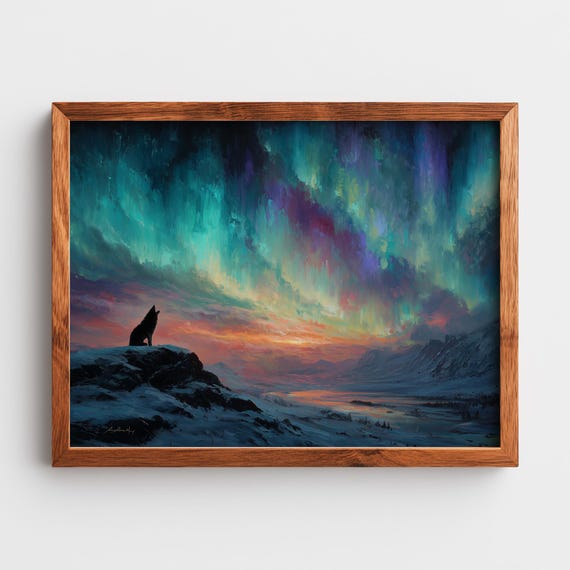 Northern Lights Wall Art Lone Wolf On Snowy Ridge Aurora Borealis Landscape Painting Winter Decor Rustic Nature Print 55