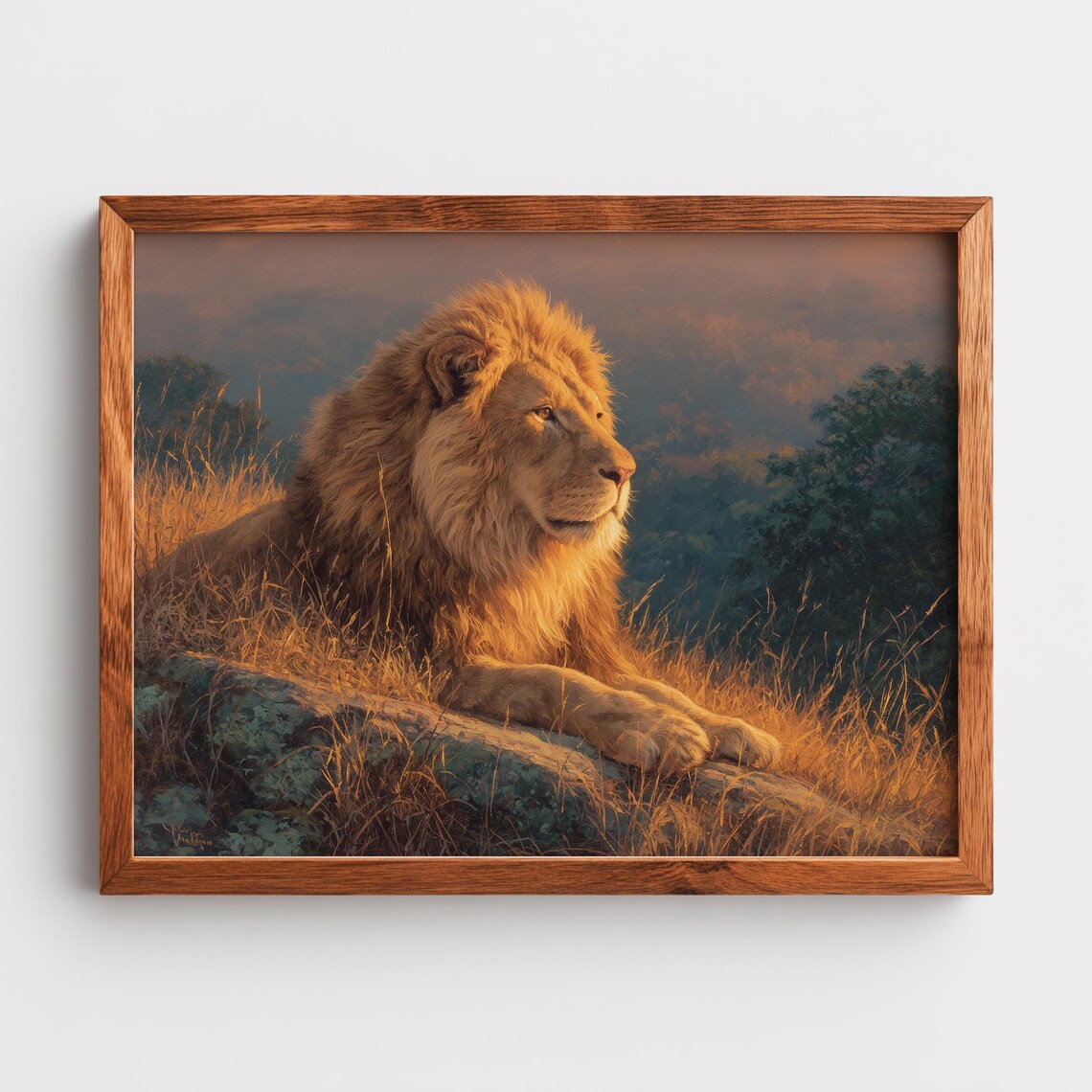 Majestic Lion at Sunset Poster Golden Mane Wildlife Oil Painting Art